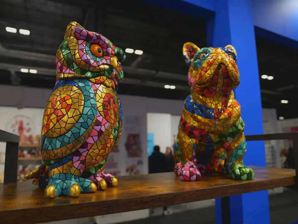 decorative mosaic owl and bulldog figurines